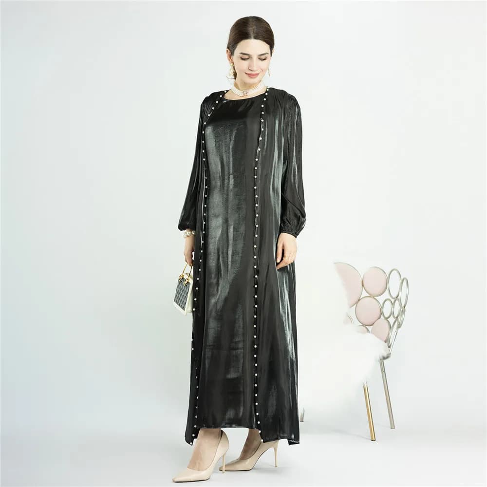 2 Piece Set Beads Open Abaya Sleeveless Dress Eid Ramadan Muslim Women Kimono Cardigan Kaftan Jalabiya Dubai Turkey Robe Outfits