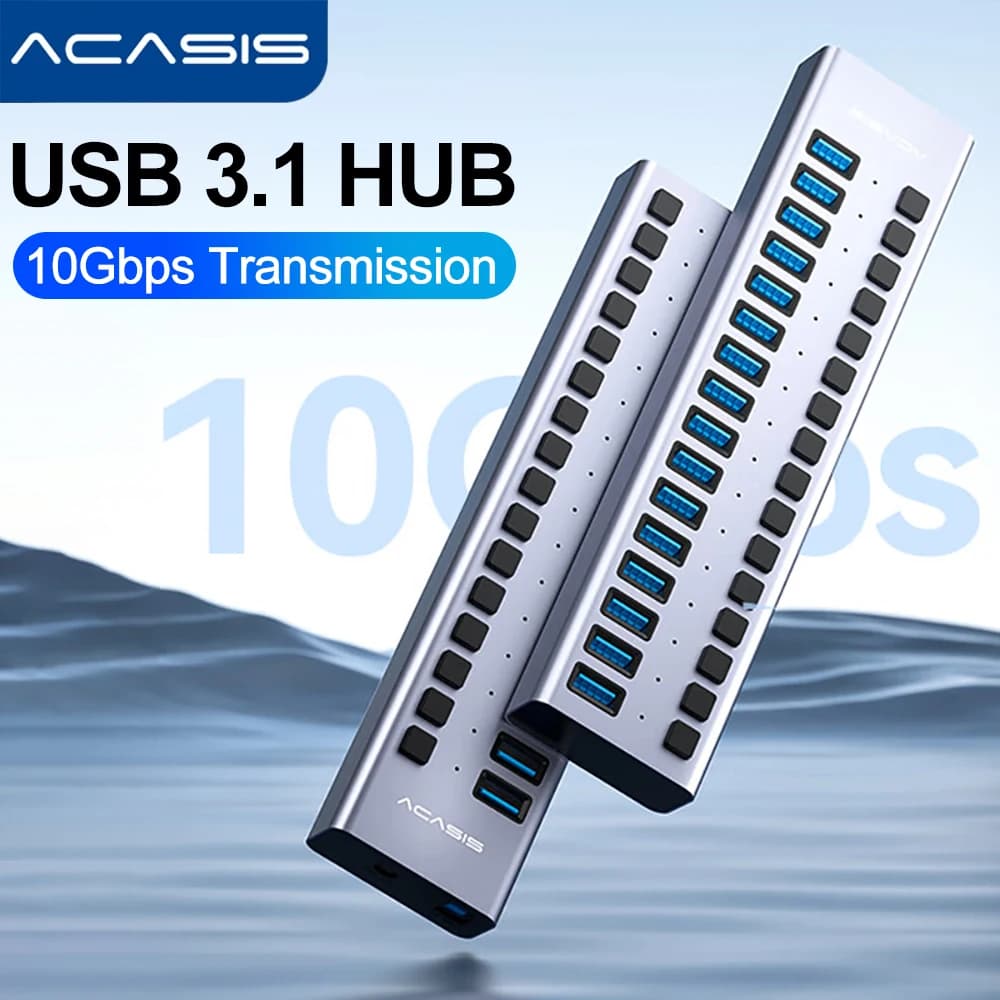 Acasis USB Hub 10Gbps Aluminum 7/10/13/16 Port USB Splitter USB 3.1 Data Hub Splitter Individual On/Off Switches for PC Laptop
