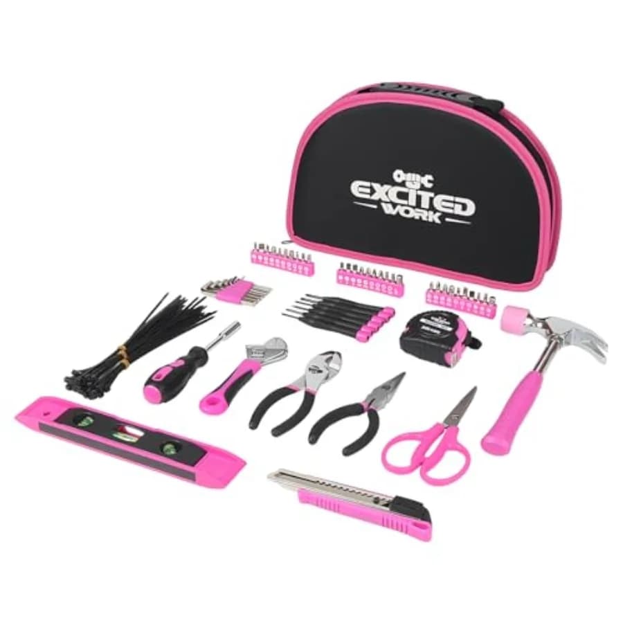 Set di attrezzi rosa da 89 pezzi per donna con custodia rotonda facile da trasportare, kit di attrezzi per la casa, perfetto per il fai da te e la manutenzione domestica