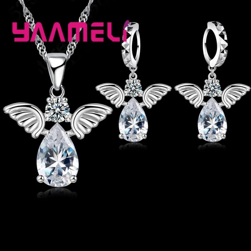 Specials Cute Angel Shape Jewelry Sets Crystal 925 Sterling Silver Color Pendant Necklace And Earring Set Lady Birthday