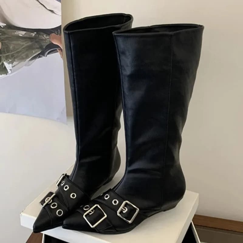Unique Metal Buckle Decoration Mid-calf Boots Women Fashion Pointed-toe Platform Boots High-quality Soft Leather PU Dress Boots