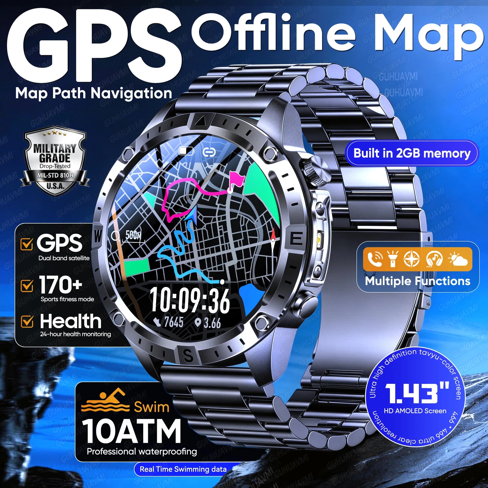 Nuovo Smartwatch Militare 2026 con GPS e Mappe Offline, Bussola Integrata, Impermeabile 10ATM, 2GB RAM, Lettore Musicale, Fitness Tracker per Uomo