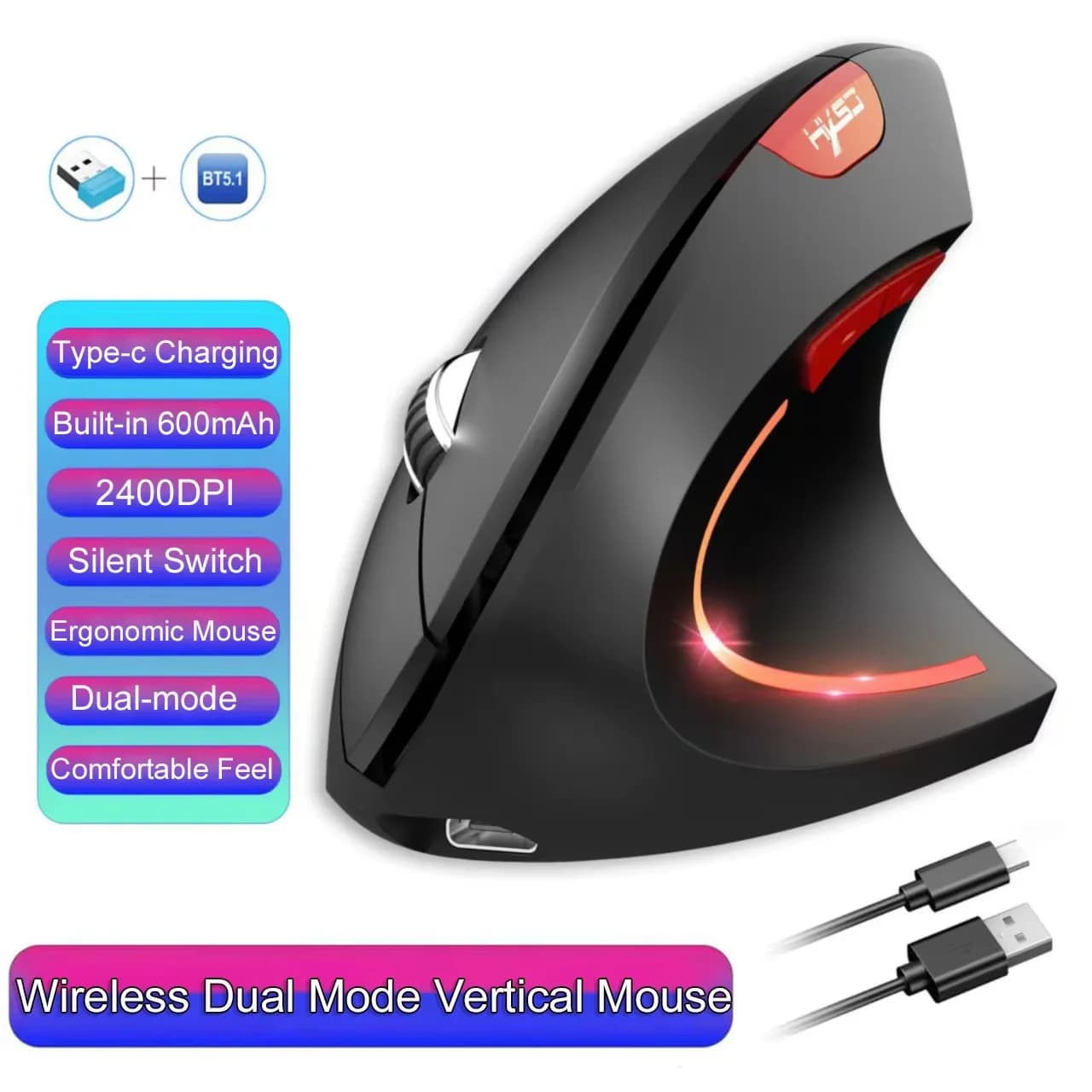 Mouse verticale wireless a doppia modalità 600mAh ricaricabile ergonomico con impugnatura laterale personalizzata 2400DPI mouse da gioco silenzioso per PC