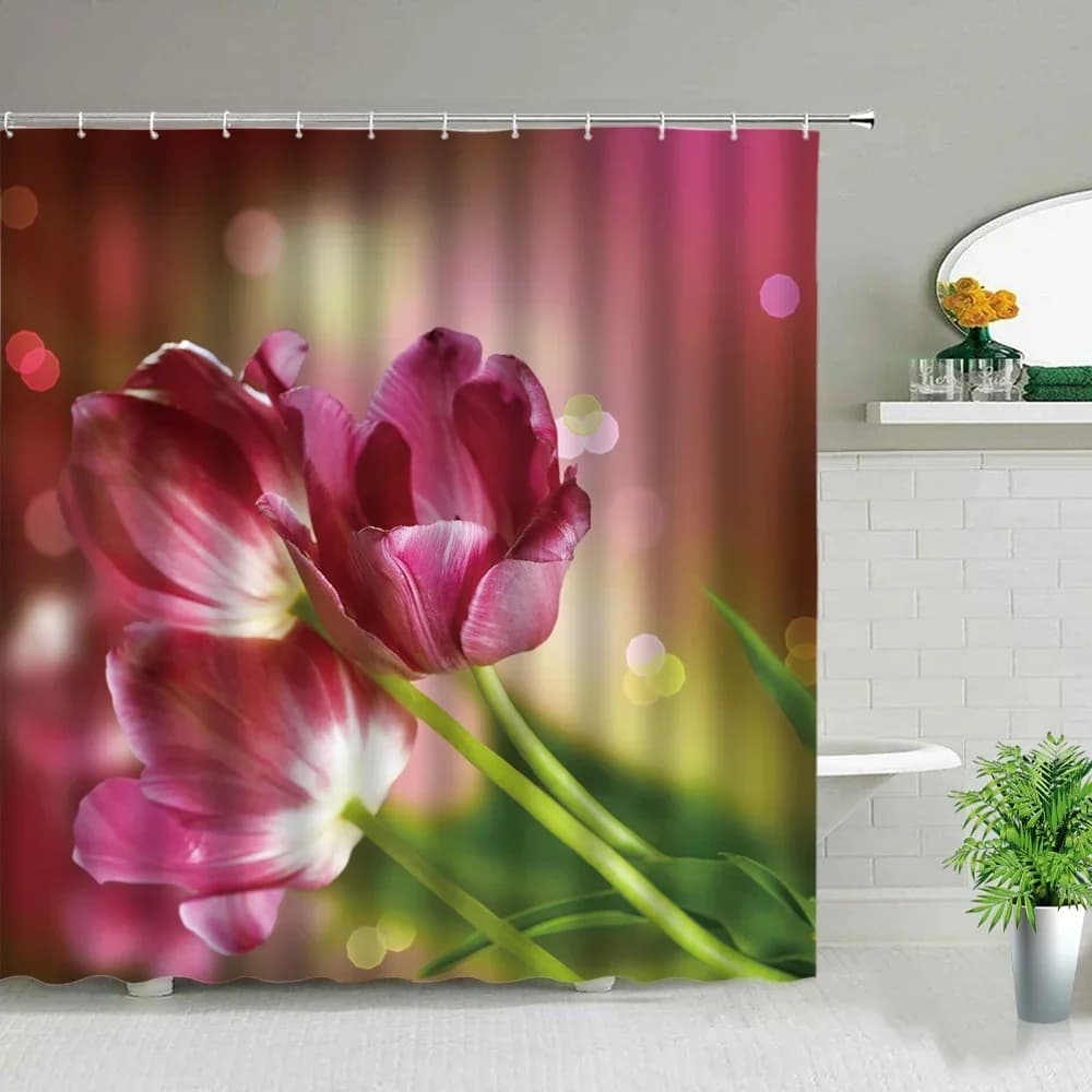 Tende da doccia con paesaggi di piante di fiori rosa Rosa Tulipano Farfalla Paesaggio primaverile Stampa 3D Set di tende da bagno impermeabili per bagno