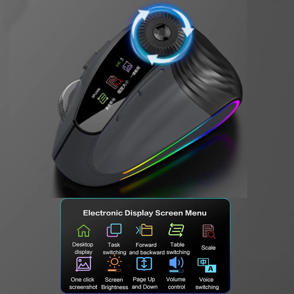 JOMAA Backlit Bluetooth Wireless Vertical Mouse With OLED Screen Rechargeable USB Wired Gaming Mouse 24000DPI Speed Roller