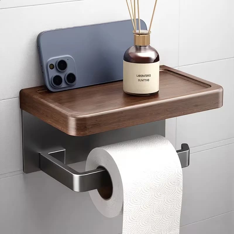 Portarotolo da parete senza foratura con mensola porta telefono, dispenser per carta igienica da bagno, per la casa (1 pezzo)