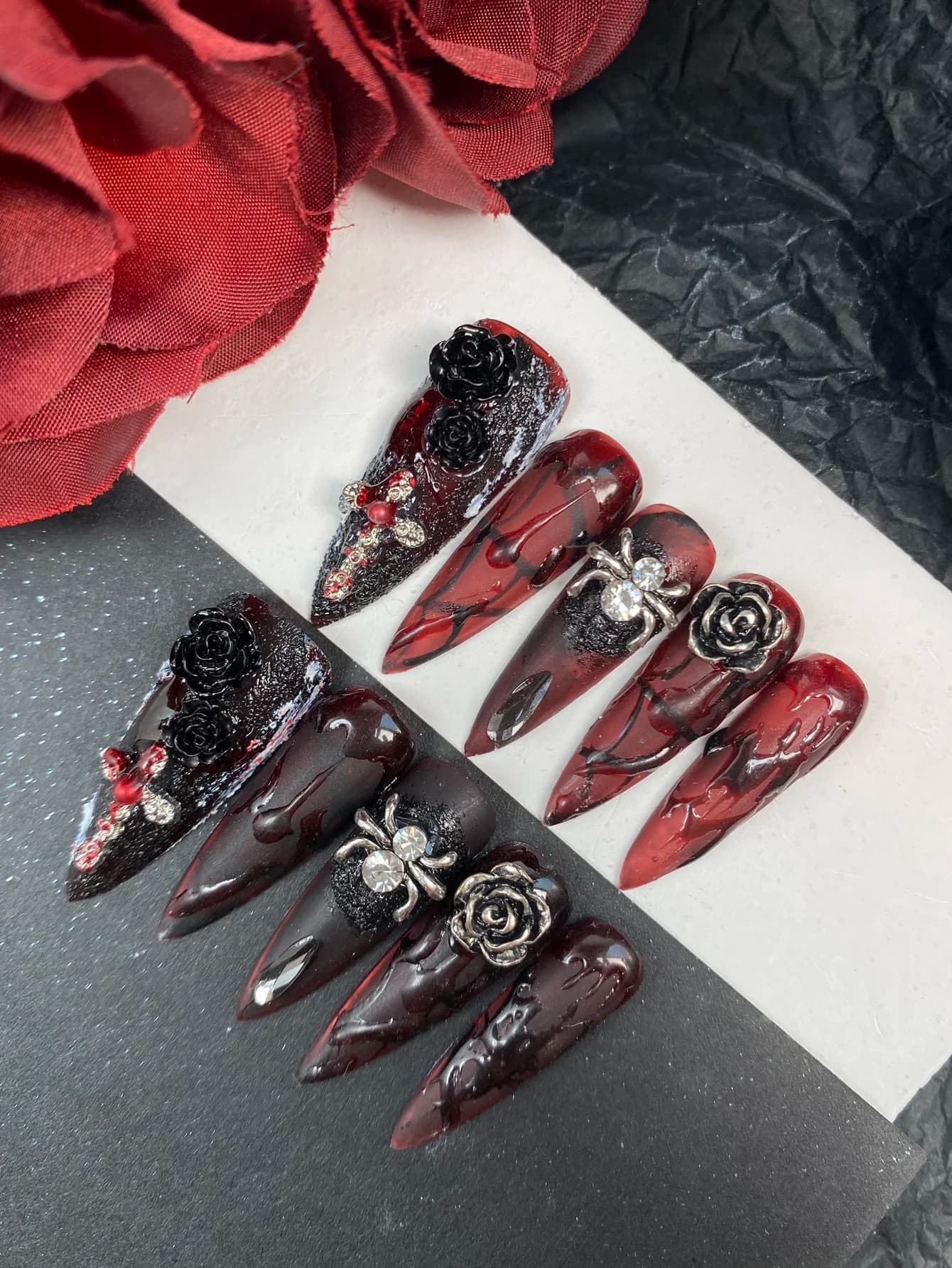 10 pezzi stampa sulle unghie lunghe Halloween rosso scuro nero rosa ragno ufficio abbigliamento quotidiano unghie finte kit unghie artificiali nail art fai da te