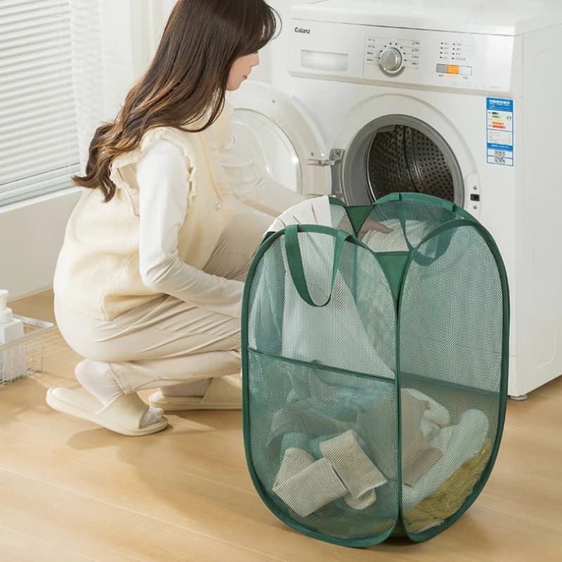 Collapsible Mesh Basket Portable Handheld Dirty Clothes Storage Bin Breathable Space Saving Bathroom Laundry Organizer Hamper