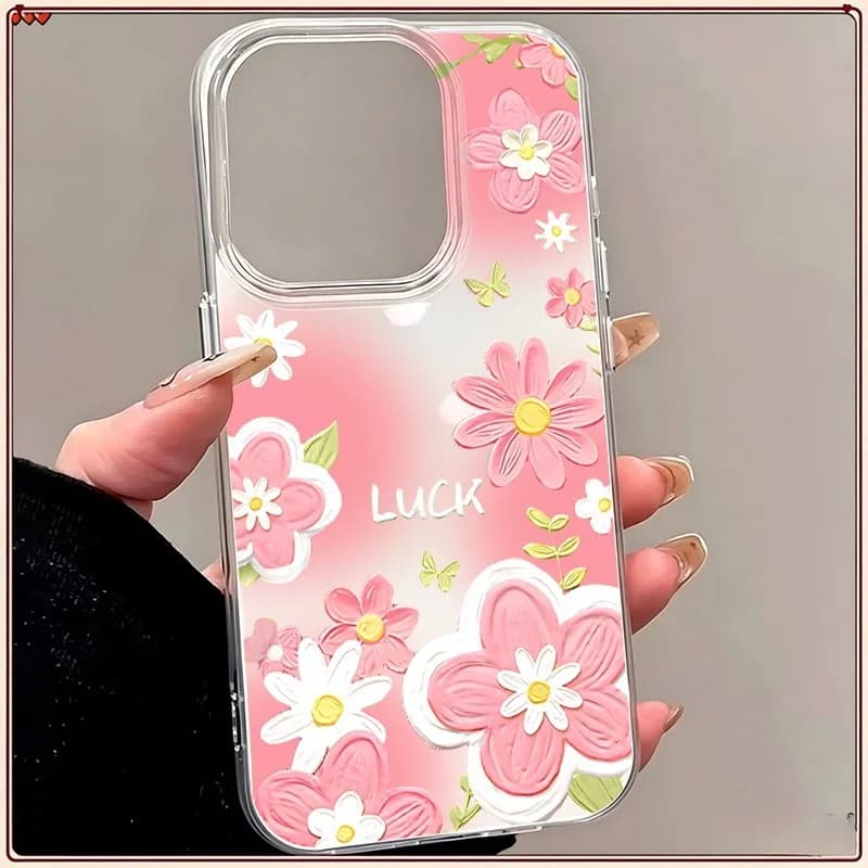 Pink Gradient 3D Effect Flower Luck Text Clear Phone Case For iPhone 16 15 14 13 12 11 Pro Max Soft Shockproof Cover