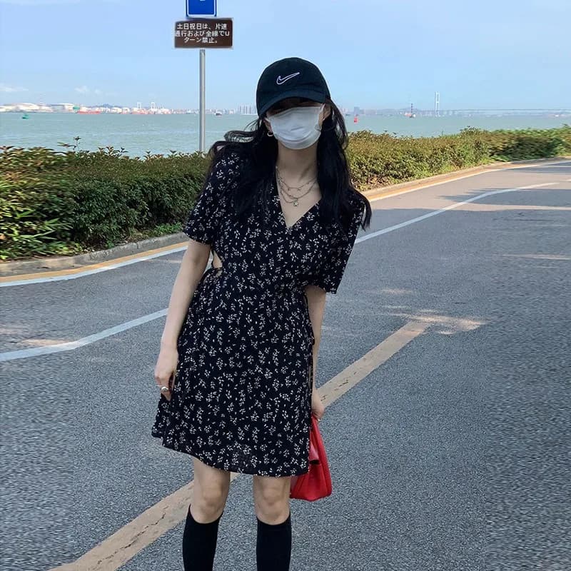plus Size Floral Print Short Sleeve Dress V Neck Waist Cinching Design Korean Style High Waist a Line Skirt Summer New A...