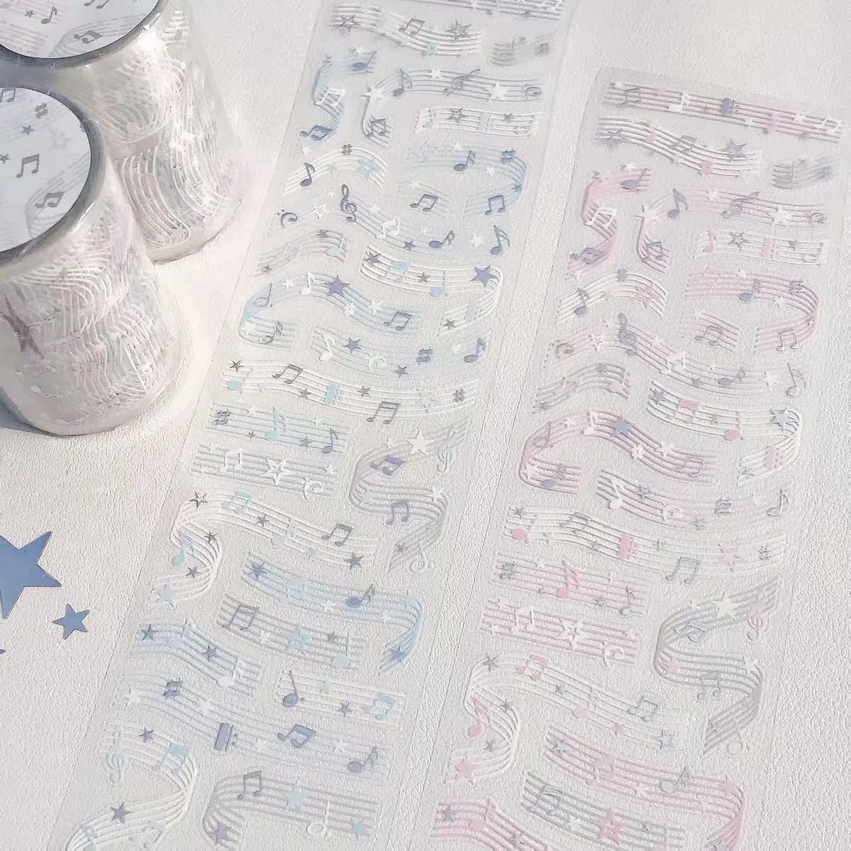 Washi Pet Tape 1 Loop Staff Note Snowflake Cutting Mold Cut-free PET Local Silver Stamping Music Element Sticker 8hours
