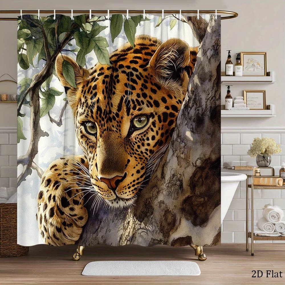 Realistic Leopard Print Jungle Animal Shower Curtain Liner Waterproof Tropical Safari Wildlife Theme Bathroom Curtain Decor