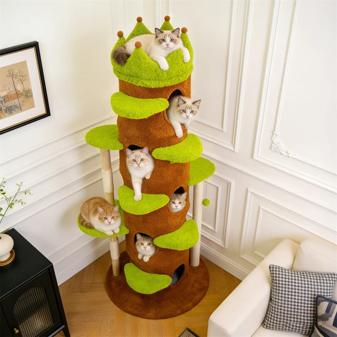 Indoor Cat Tree Activity Center Tower 73.6" with Vibrant Crown-shaped Top Perch Sisal Scratching Post Plush Cave for Cats