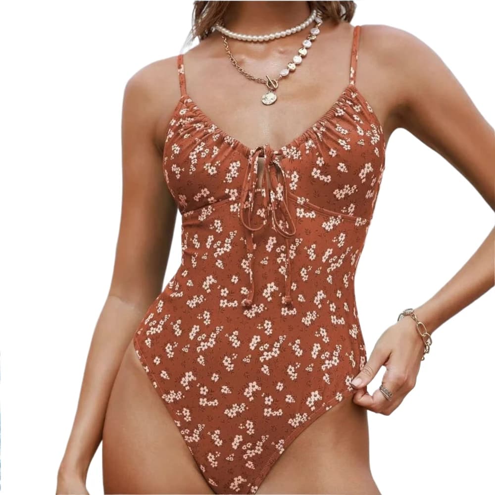 2026 New One Piece Swimsuit Women Floral Print High Cut Drawstring Tie Women Bikini Beach Swimwear Monokini XL