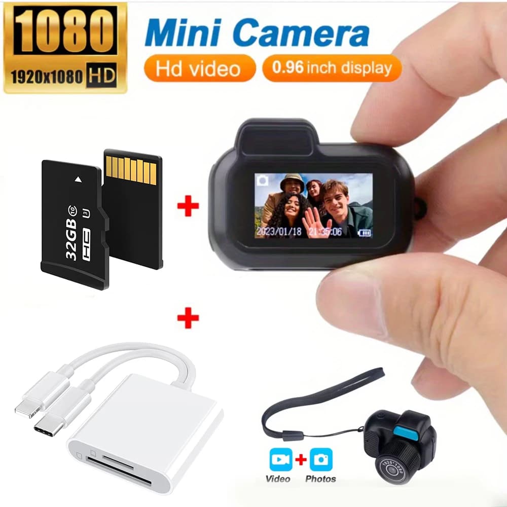 Mini telecamera sportiva con portachiavi con lettore di schede e schede SD da 32 GB, videocamera Mini DV DVR 1080P, indossabile tascabile, per studenti e bambini
