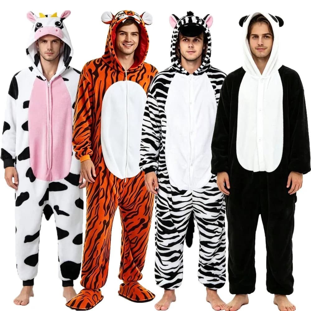 Kigurumi Pajamas Adult Men Cute Onesies Pijamas Plush Cow Tiger Panda Bunny Cosplay Costume Black Woman Leopard Unicorn Pyjamas