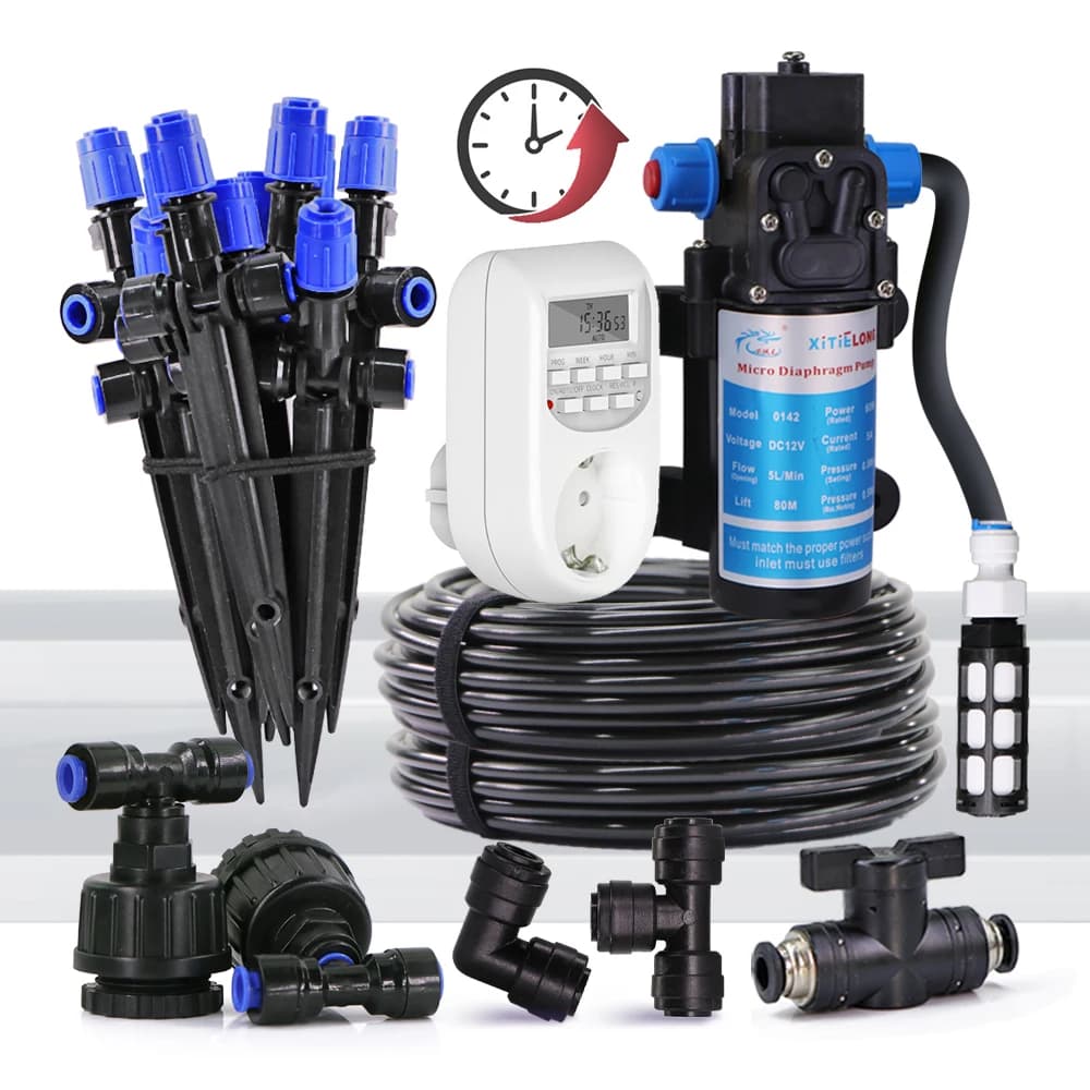 Tubo flessibile in PE con pompa autoadescante da 60 W per sistema di irrigazione gorgogliatore da 1/4" 360 ° Irrigatore regolabile per piante da giardino Greenshouse Irrigazione a goccia
