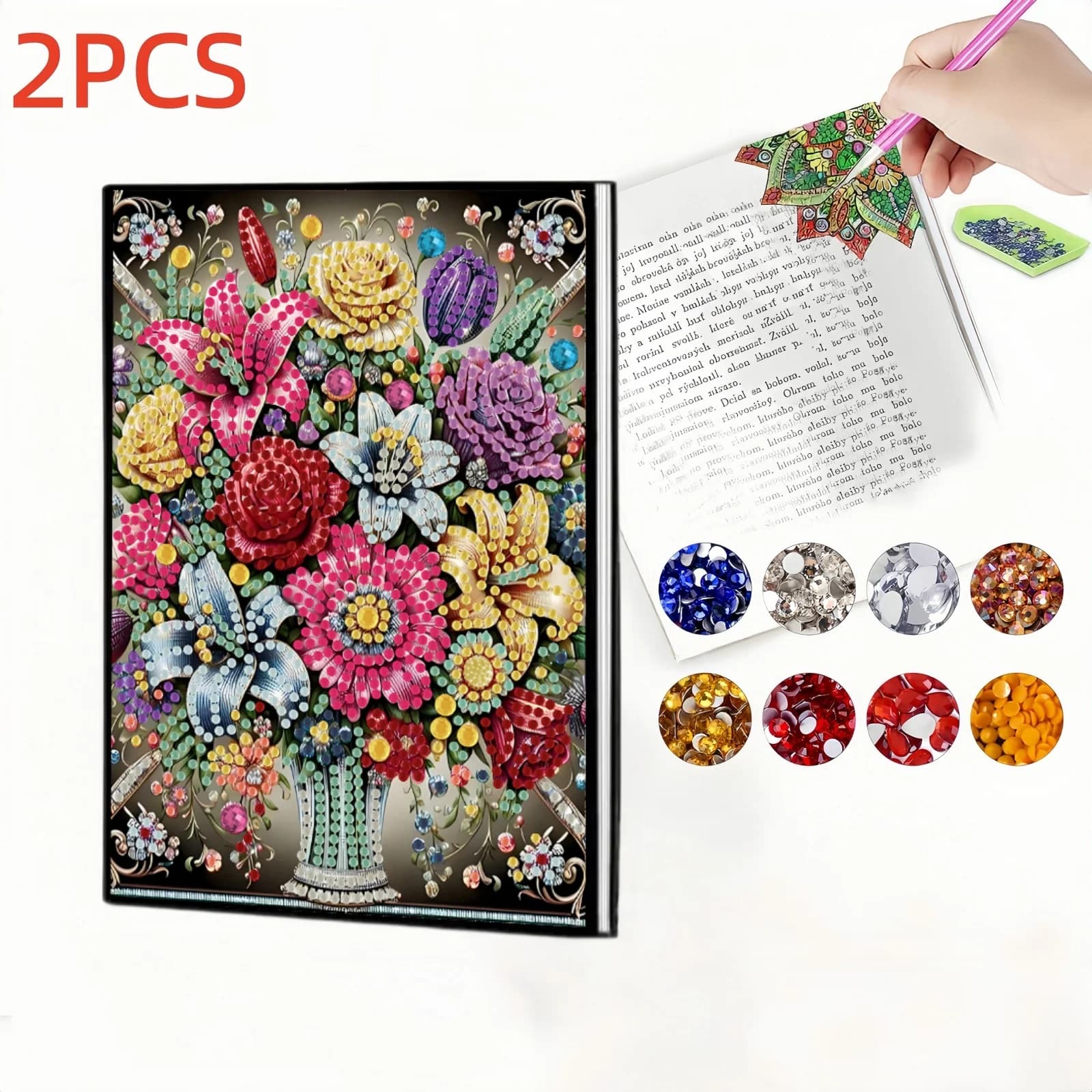 2 pezzi, 1 quaderno Diamond Painting + 1 segnalibro, motivo bouquet, pelle PU, per scrivere nel diario, segnalibro per proteggere gli angoli del libro