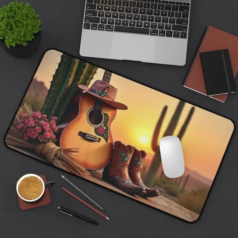 Tappetino per mouse per chitarra nel deserto, regalo per gli appassionati di chitarra con cactus, accessorio tecnico per lei, regalo per ragazze di campagna, tappetino da gioco per cowgirl