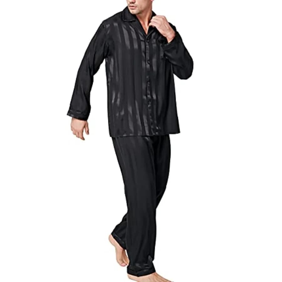 Set Pigiama Uomo in Seta Satinata, Maniche Lunghe, Abbigliamento da Notte in Due Pezzi, Set Pigiama con Bottoni S-XXXXL