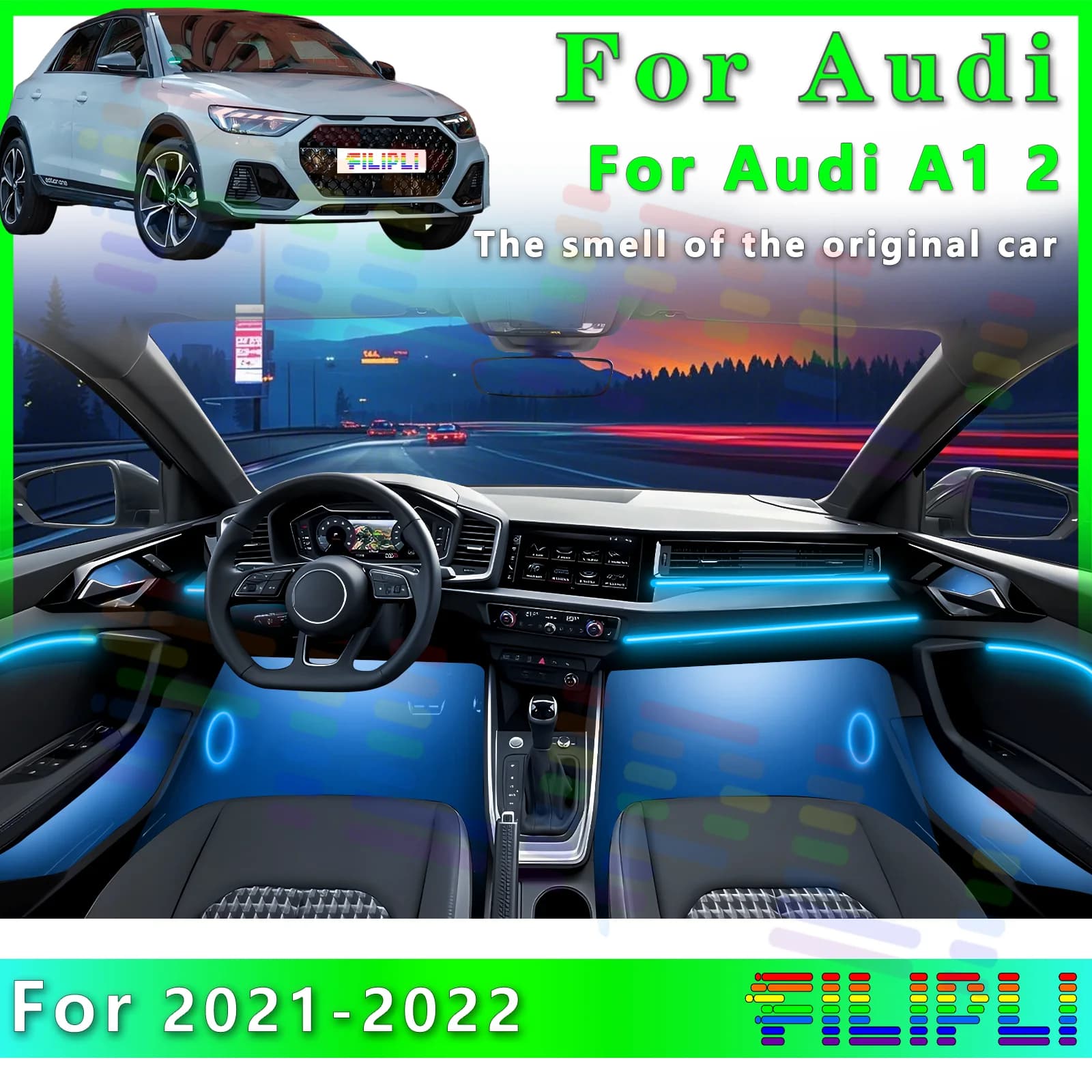 Striscia LED RGB per Interni Auto Audi A1 2021-2022, Luce Ambiente Invisibile in Fibra Ottica, Lampada Neon Decorativa Controllabile tramite App
