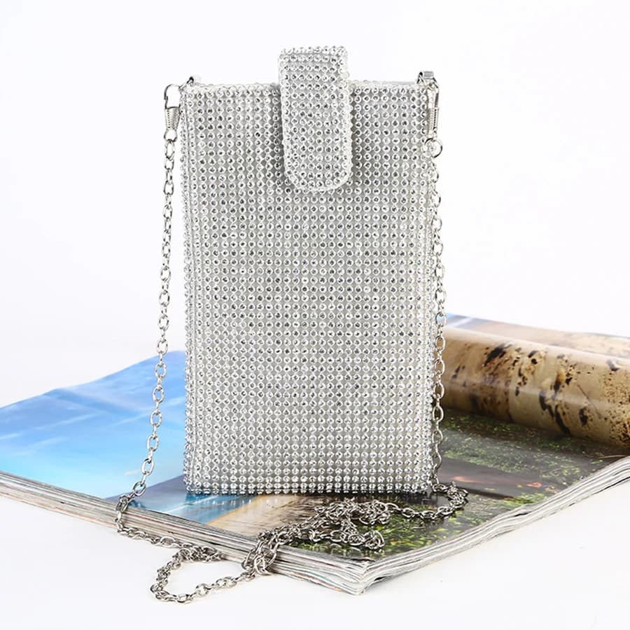 Mobile phone wallet with glossy rhinestones, mini shoulder lipstick bag with metal chain, dinner bags, solid color shoulder bag