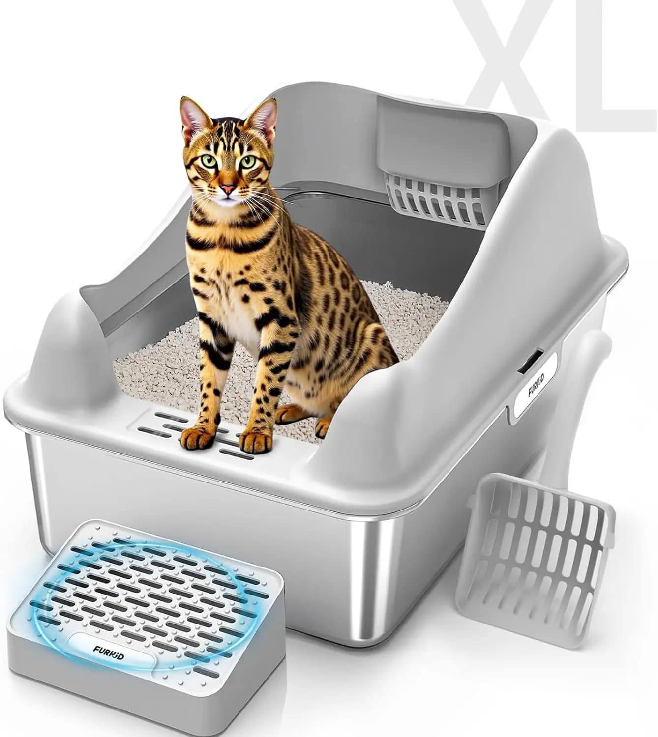 Lettiera per Gatti XL in Acciaio Inossidabile con Coperchio, Vasca Anti-Perdita a Bordi Alti con Filtro a Pedale e Paletta, Facile da Pulire, Grigia