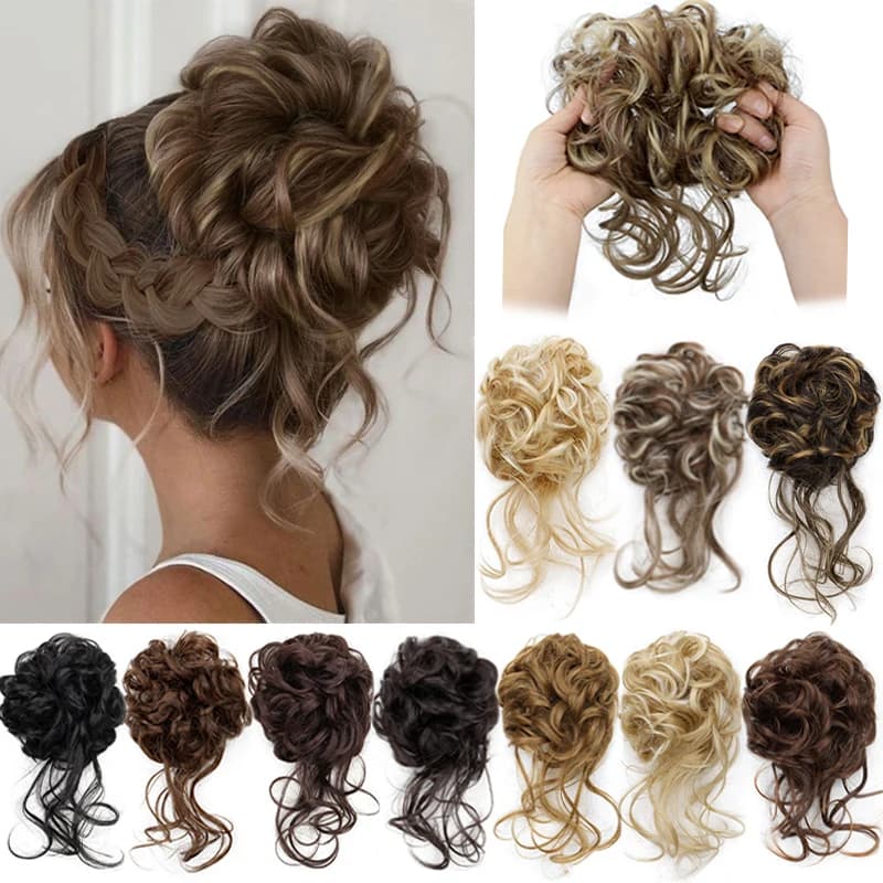 Synthetic Elegant Messy Curly Elastic Rubber Band Hair Bun Fluffy Easy to Style Suitable for Daily Use