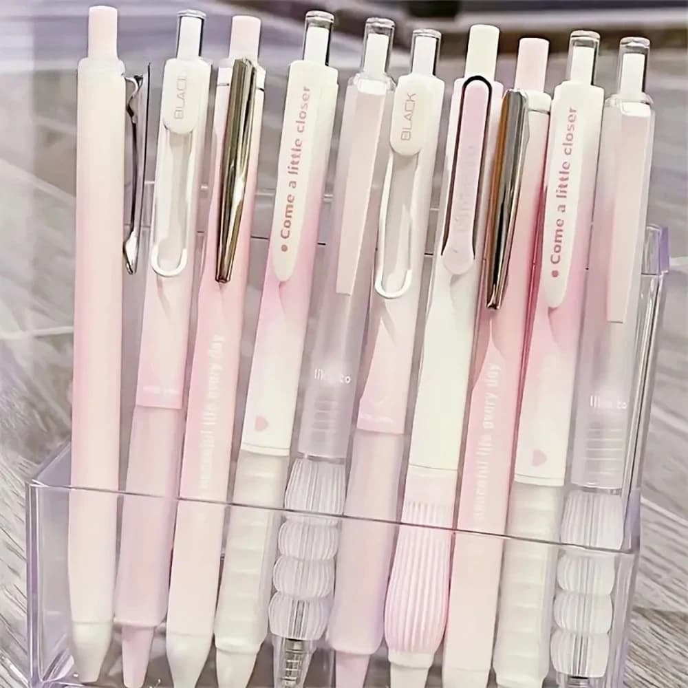 Penne gel retrattili con fard rosa chic da 5 pezzi, inchiostro nero a punta fine da 0,5 mm, perfette per l'uso quotidiano in ufficio, forniture per scrittura liscia