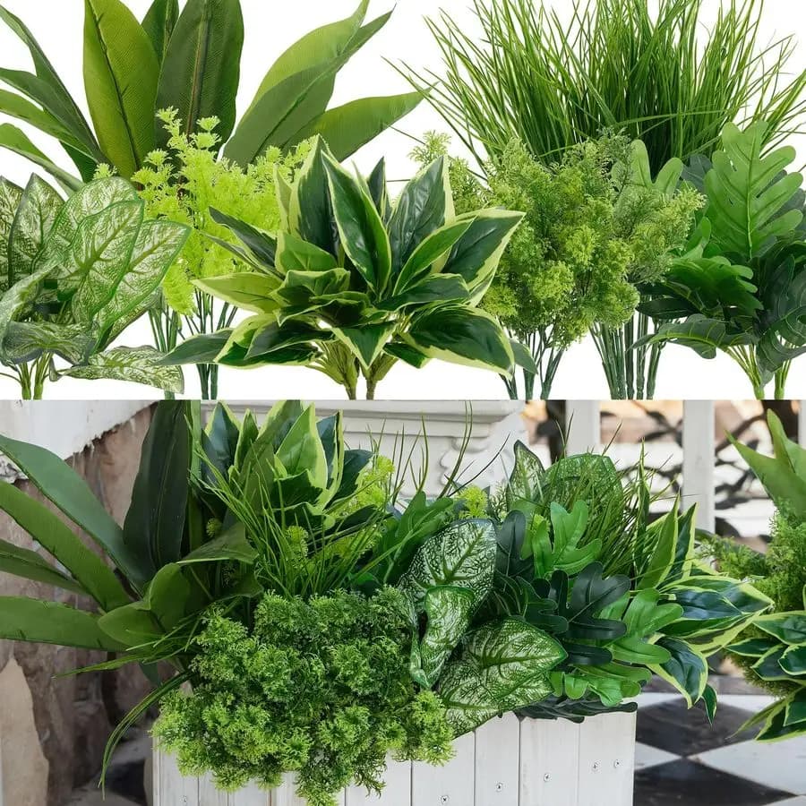 18 Pieces of Artificial Plants of Bosso UV Rare Resistant, Fin Plastic Sheets for Indoor and Exterior Plants, Garden Decorations
