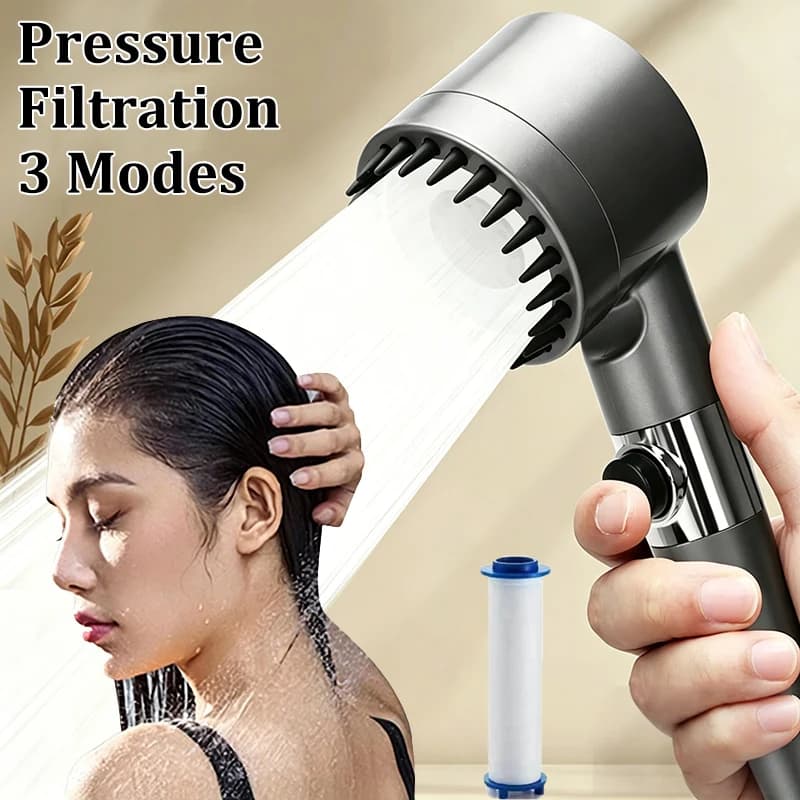 Soffione Doccia a Pressione Elevata con Filtro, 3 Modalità, Funzione Stop Acqua con un Tasto, Massaggio, Pulizia, Potente Getto Pressurizzato