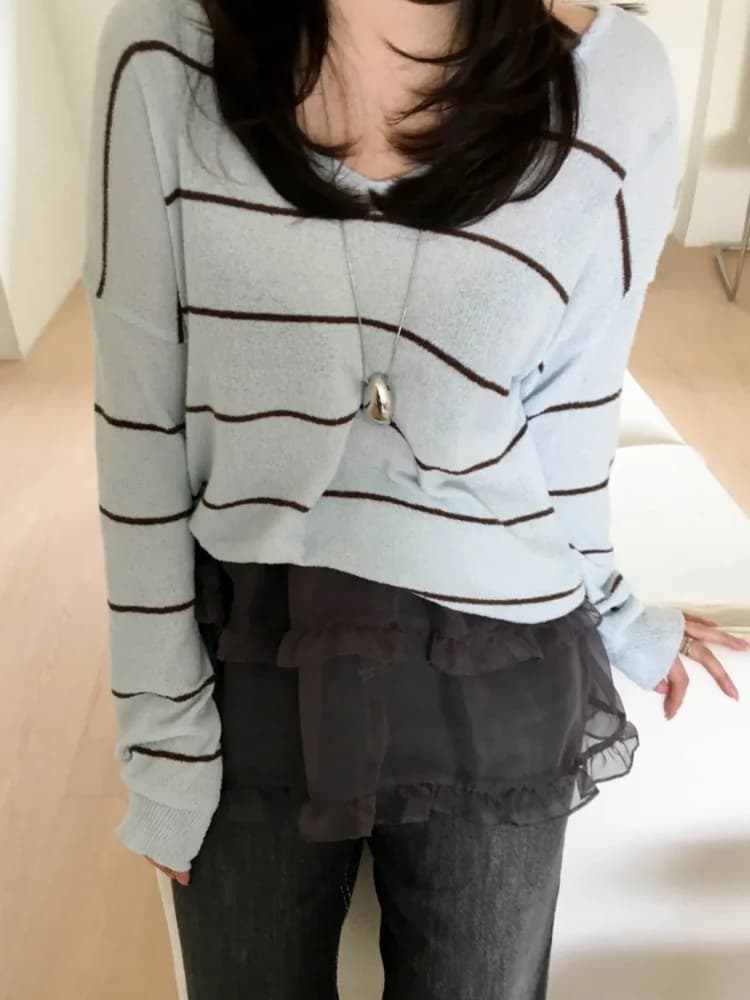 Chic Loose Women's Knitwear Sun Protection Long Sleeve Striped Top with Belt Summer Fashionable Polyester Fiber