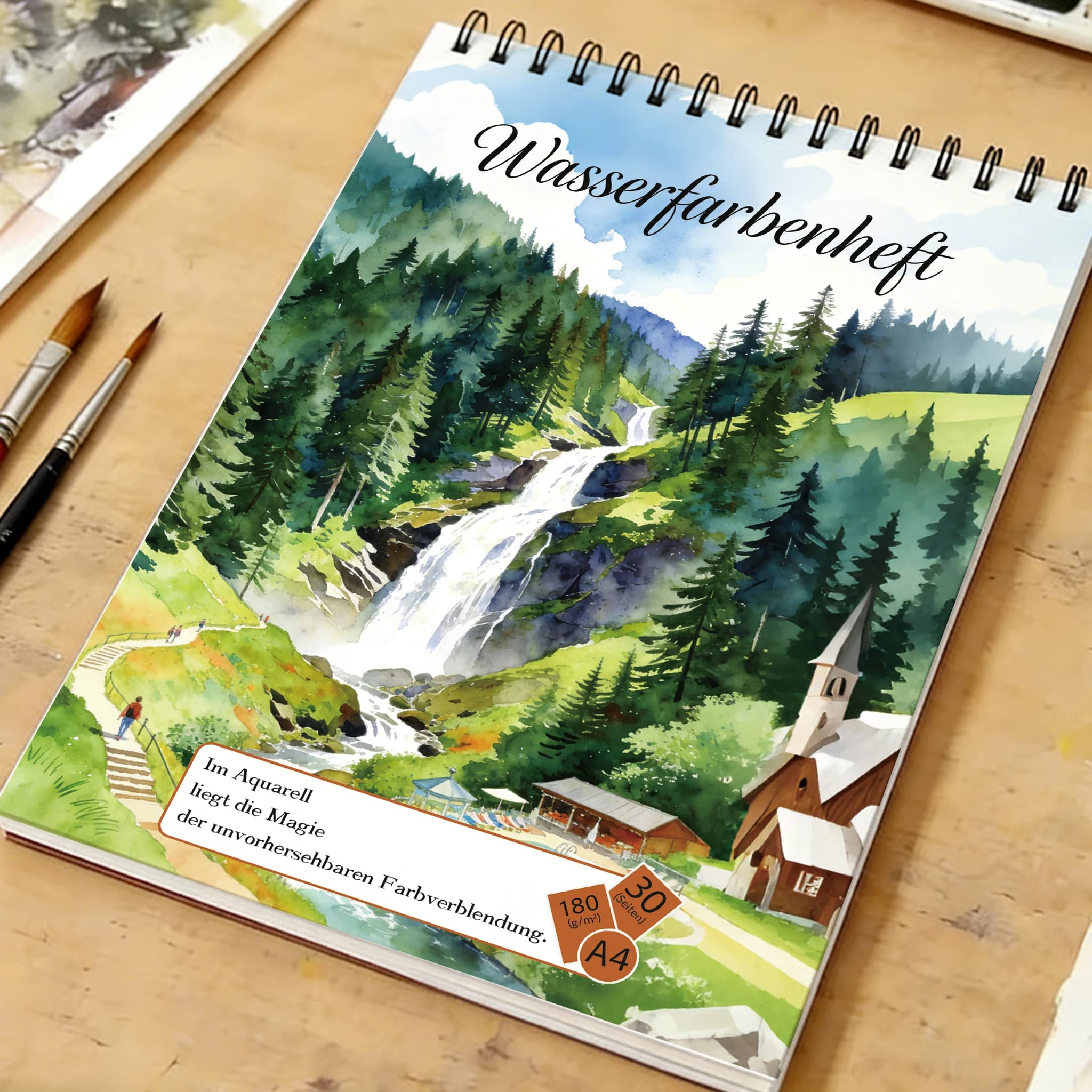 A4 Spiral Watercolor Sketchbook, 180gsm Acid-Free Paper, Waterfall & Forest Landscape Cover, Ideal for Art & Sketching, Perfect