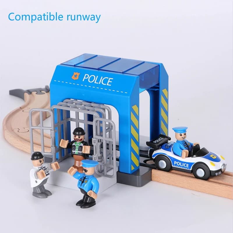 Set vestito da costruzione per la cattura del ladro della polizia, compatibile con il treno in legno, stazione di polizia in plastica, giocattoli per bambini, regali