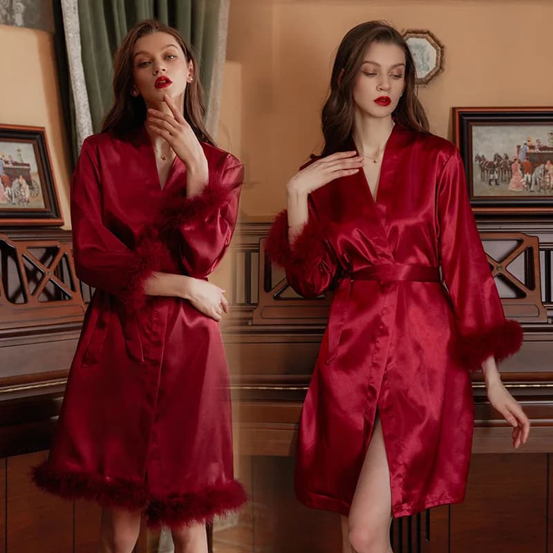 Satin of feathers patchwork bride maid of honor sexy kimono dress casual dress underwear lingerie women's nightdress