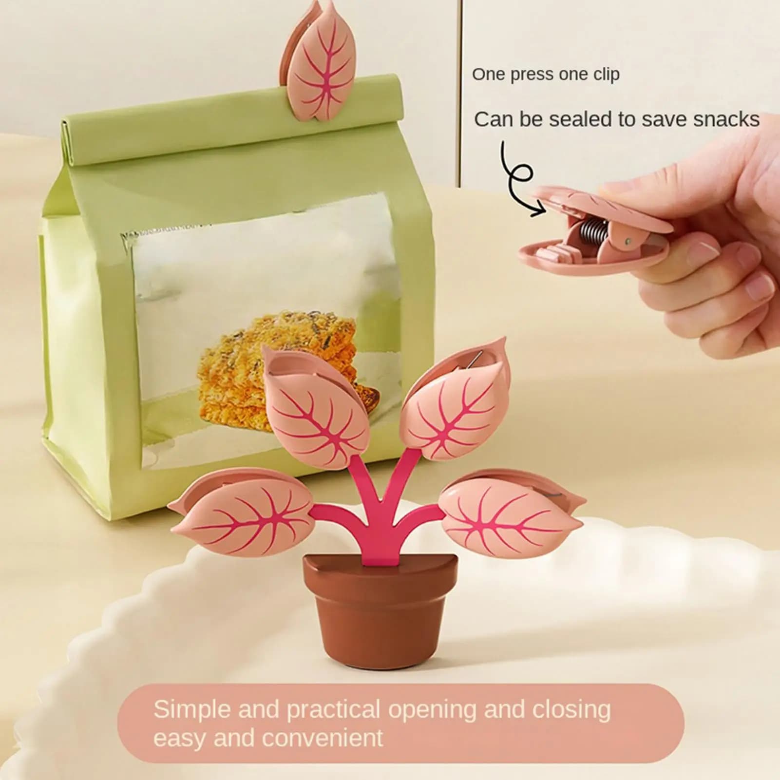 Clip per Sigillare Alimenti a Forma di Foglie Verdi e Rosa, Magneti Creativi per Frigorifero, Magneti 3D a Forma di Pianta in Vaso, Clip Magnetiche per Sigillare