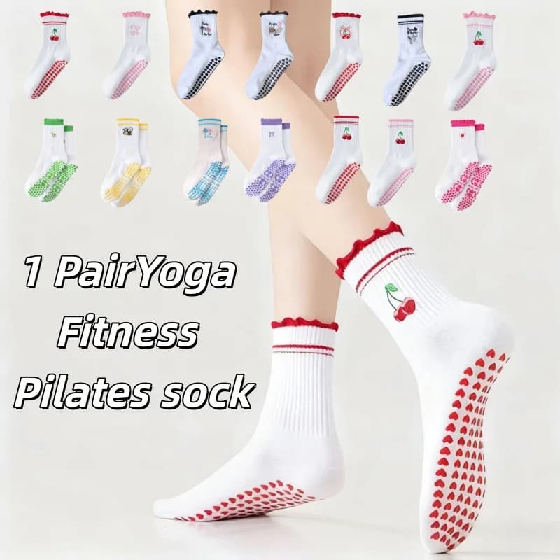 European size 36-43 1 Pair Knitted Embroidered Yoga Fitness Pilates Sports Silicone Non slip Bottom Women's Middle Socks