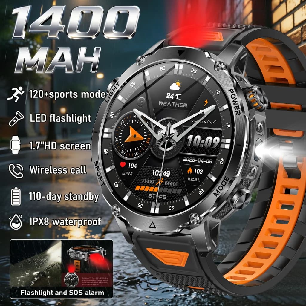 2026 Military 1400 Mah battery smartwatch, men's outdoor flashlight, IPX8 waterproof,100+sports，Bluetooth call, fitness band