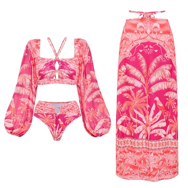 Floral One-Piece Women's Swimsuit Set Pink Sweet Style Beach Vacation Resort Bikini with Printed Dress Skirt for Casual Wear
