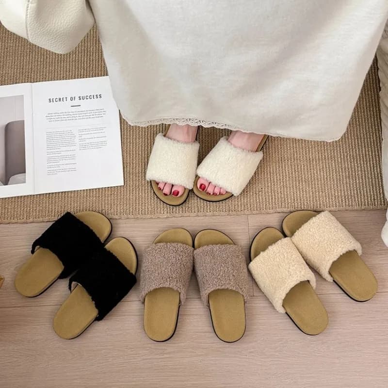 Fall/Winter Open-Toe Women's Indoor Soft Fur Plush Padded Flat Slippers - Women's Fur Home Slippers Trendy Short Fur Upper Shoes