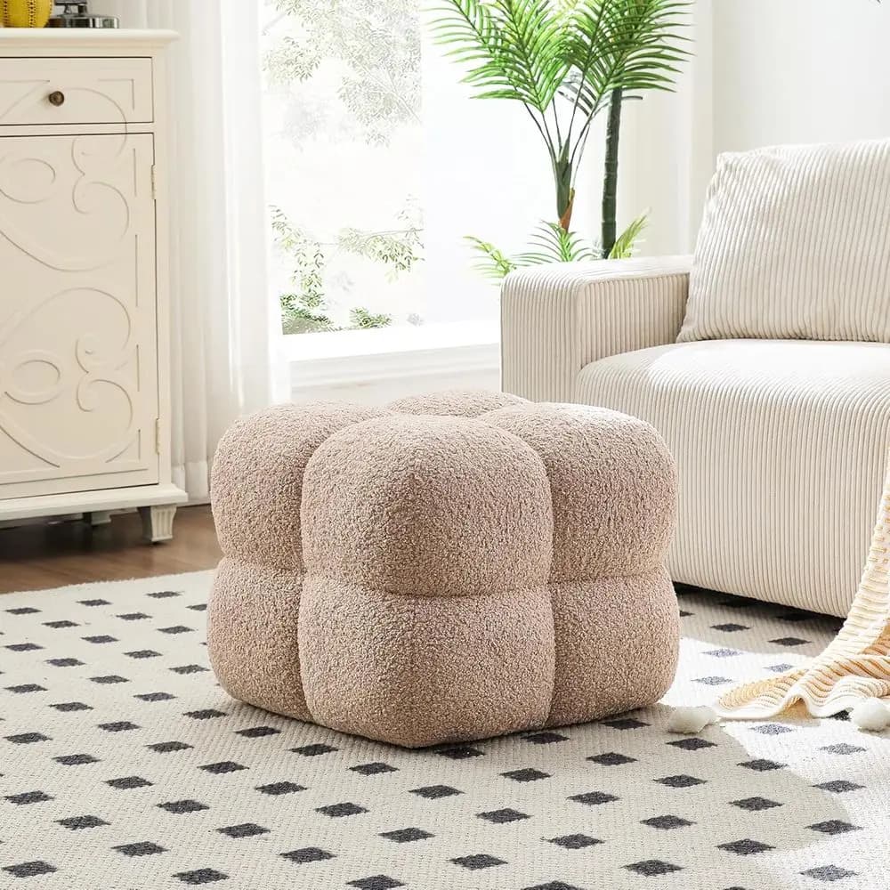 Sgabello Ottomano Rotondo in Tessuto, Tavolino Ottomano Completamente Rivestito, Elegante Sgabello da Toeletta, Poggiapiedi Imbottito in Peluche per Diverse Stanze