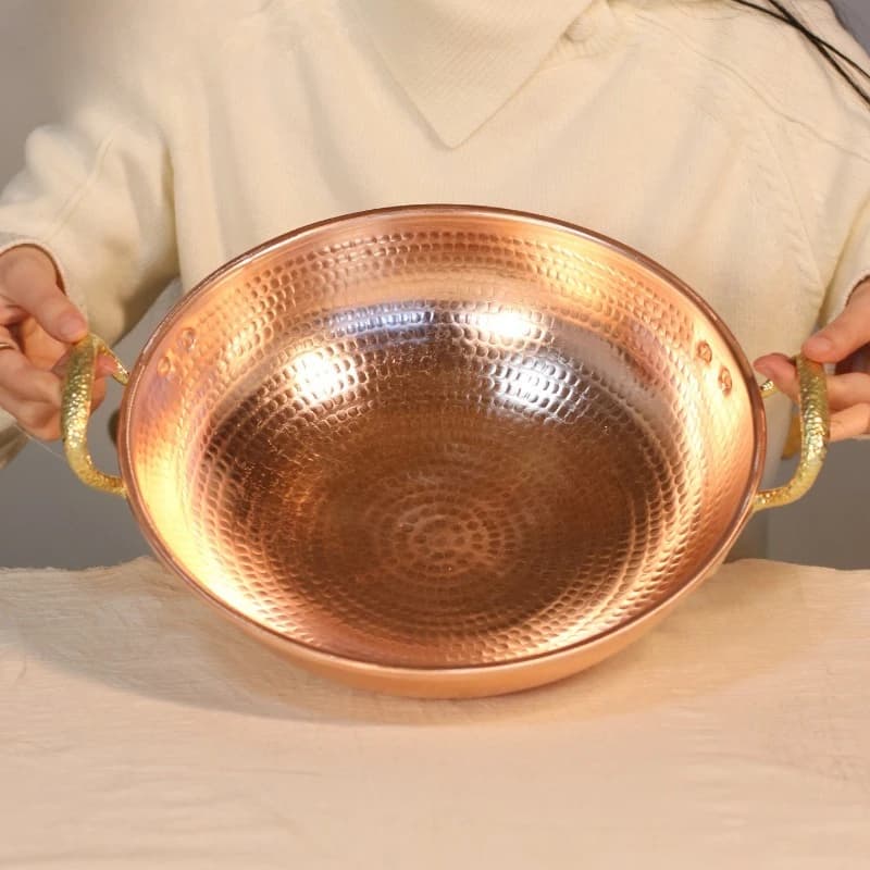 Pure Copper Frying Pans Handmade Double Handle Large Household Wok Pot Open Flame Round Bottom Copper Wok Pan with Dual Handles