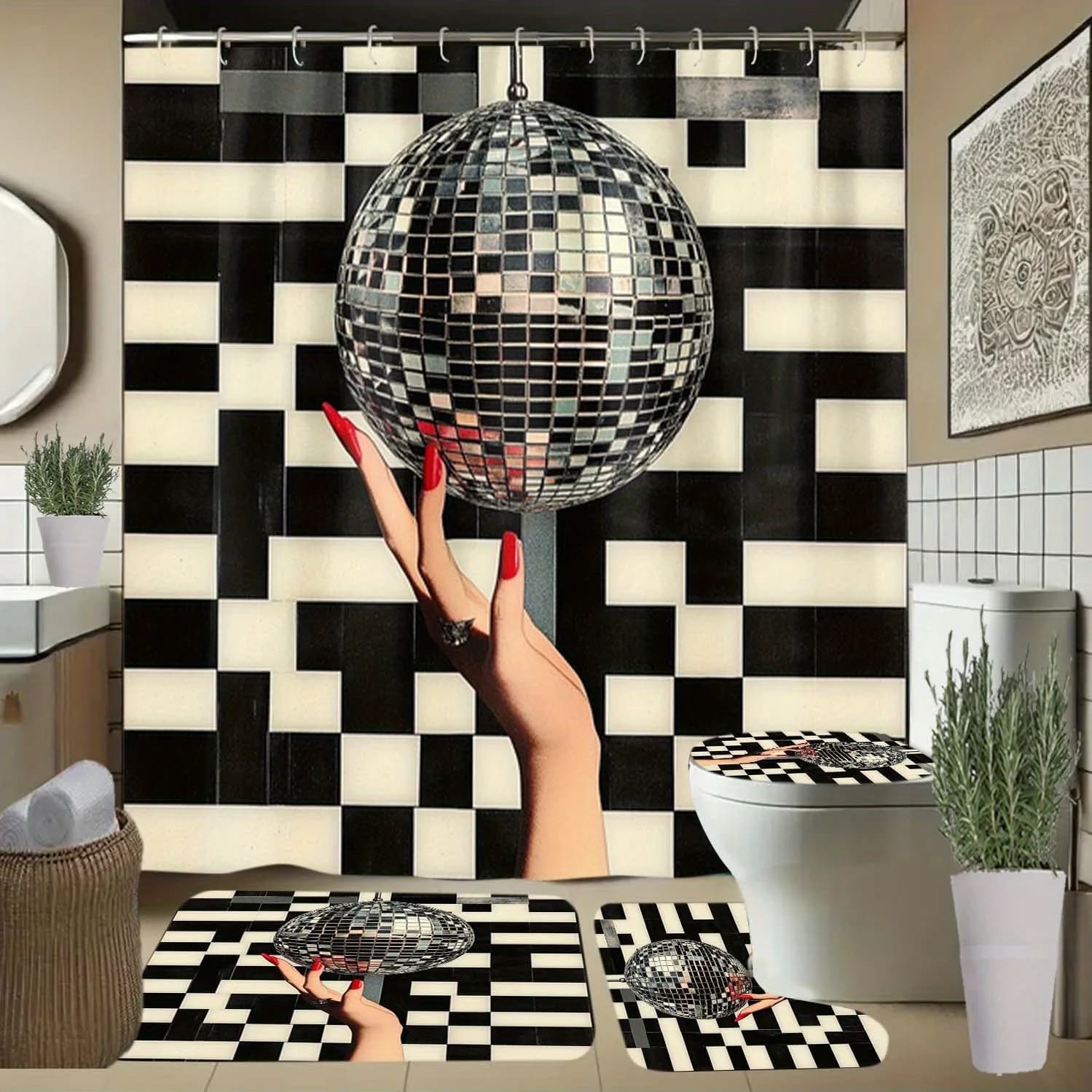 4 pezzi mano, chiodi rossi, tenda da doccia con motivo a sfera a specchio con ganci, tenda divisoria per il bagno, accessori per il bagno