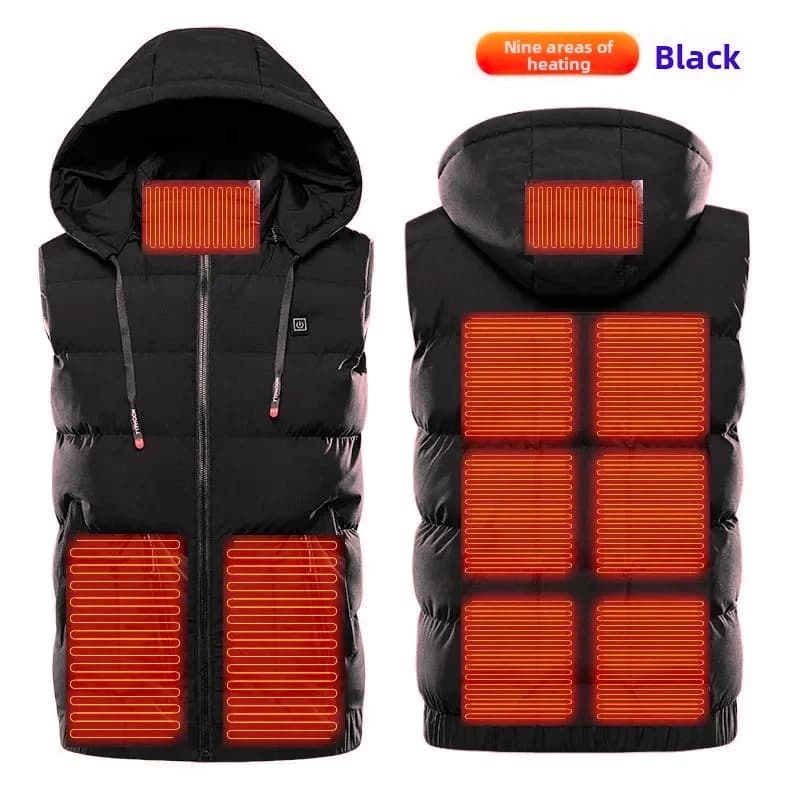 Gilet riscaldante a 9 zone con cappuccio Gilet caldo elettrico USB per uomo Donna Giacca riscaldante intelligente per escursioni all'aperto Sport invernali