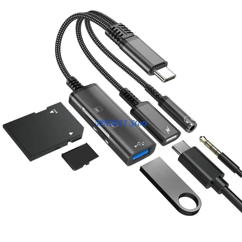 F3KE Adattatore ricarica rapida 5 in 1 Cavo adattatore da tipo C a tipo C da 3,5 mm per cuffie