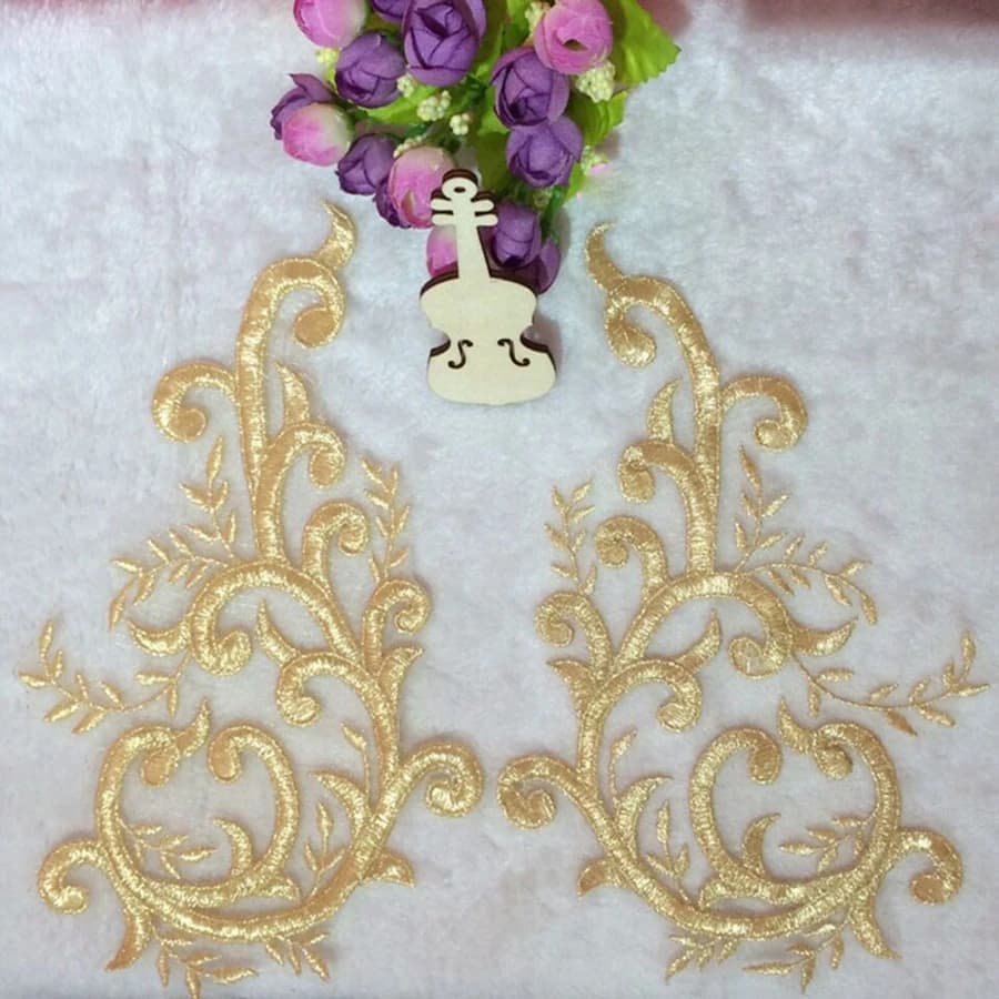 1 Pair Golden Lace Flower Applique Patch Sewing Trims For Dance Dress Repair