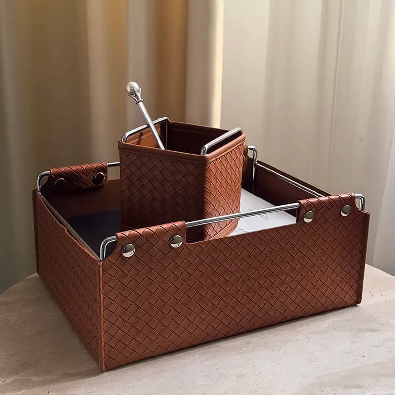 Scatola portaoggetti da scrivania in pelle intrecciata, organizer fatto a mano in stile vintage per penne, cosmetici, gioielli, casa e ufficio