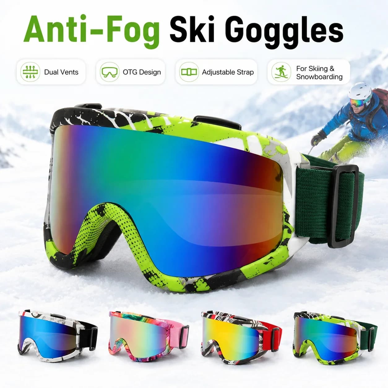 Anti Fog Ski Goggles Windproof PC Lens Adjustable Strap Snowboard Glasses for Winter Sports Helmet Outdoor Riding Cycling Gear