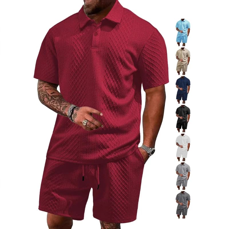 Men Solid Textured Breathable Lapel Button Short Sleeve Polo Drawstring Shorts 2 Piece Summer Suit