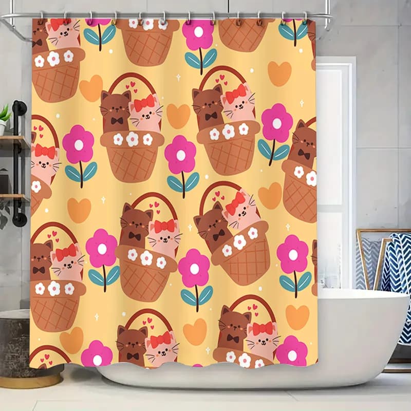 Set di tende da doccia dai colori vivaci, tappetino da bagno con stampa animalier carina con design a fiocco, tessuto impermeabile per decorazioni da bagno